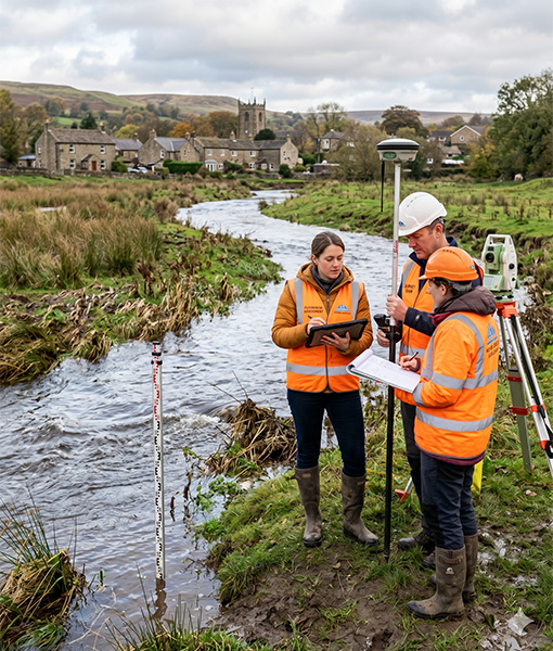 workers carrying out a flood risk next to river