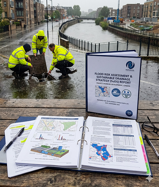 drainage reports on a table while workman sort the drains