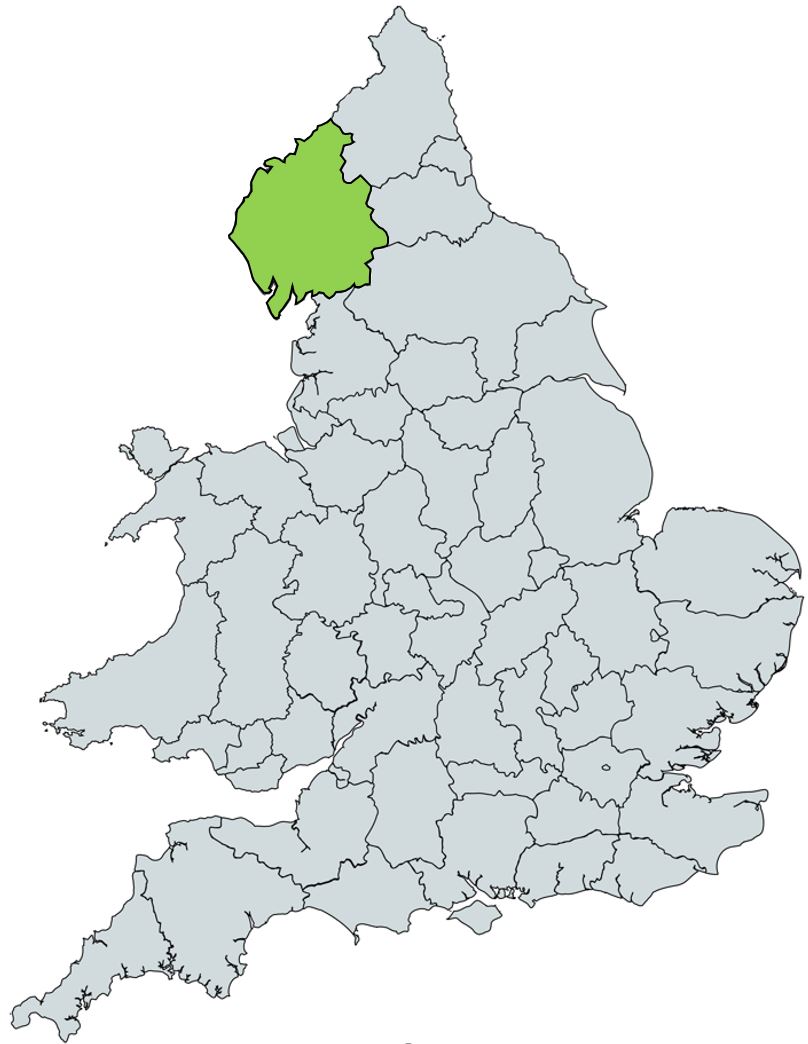 Map of UK with Cumbriashire highlighted
