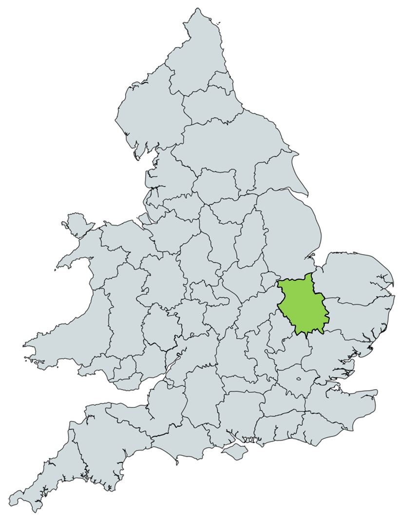 Map of UK with Cambridgeshire shire highlighted