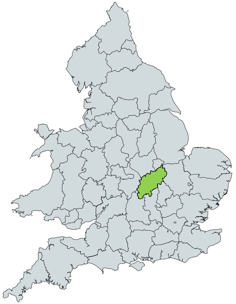 Map of UK with Northamptonshire highlighted