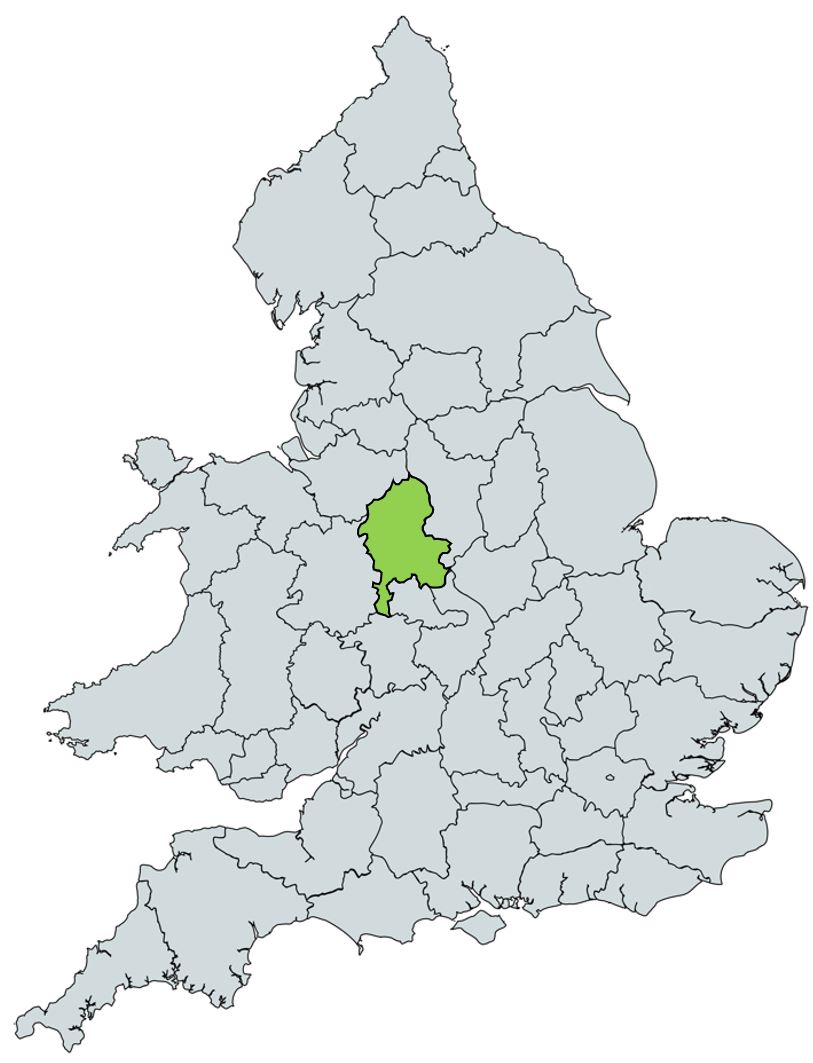 Map of UK with Staffordshire highlighted