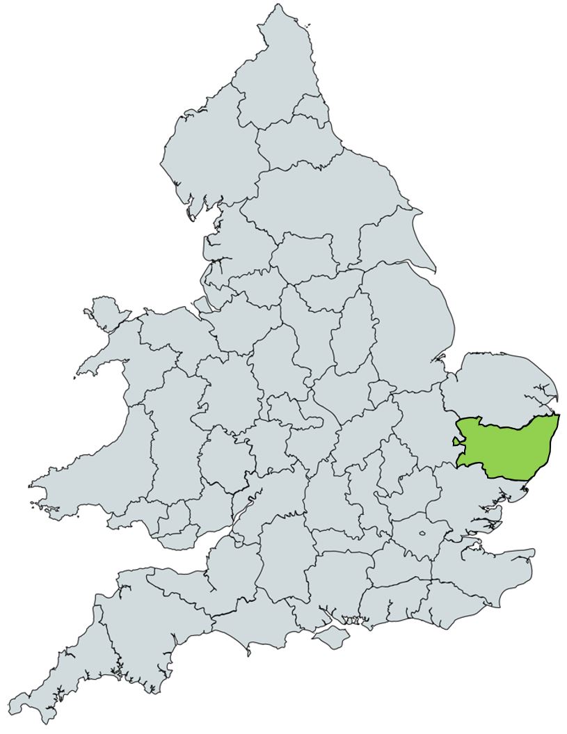 Map of UK with Suffolk & Norfolk highlighted
