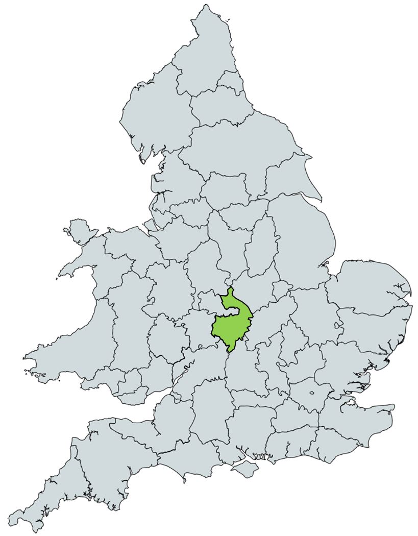 Map of UK with Warwickshire highlighted