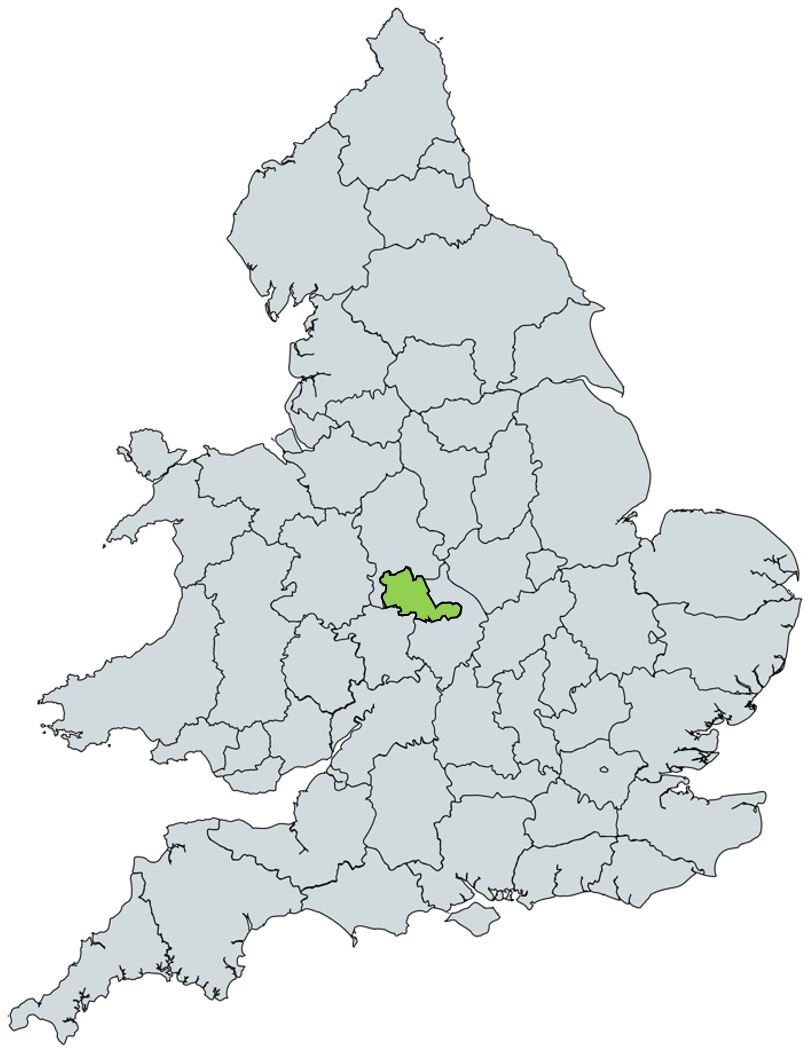Map of UK with Warwickshire highlighted