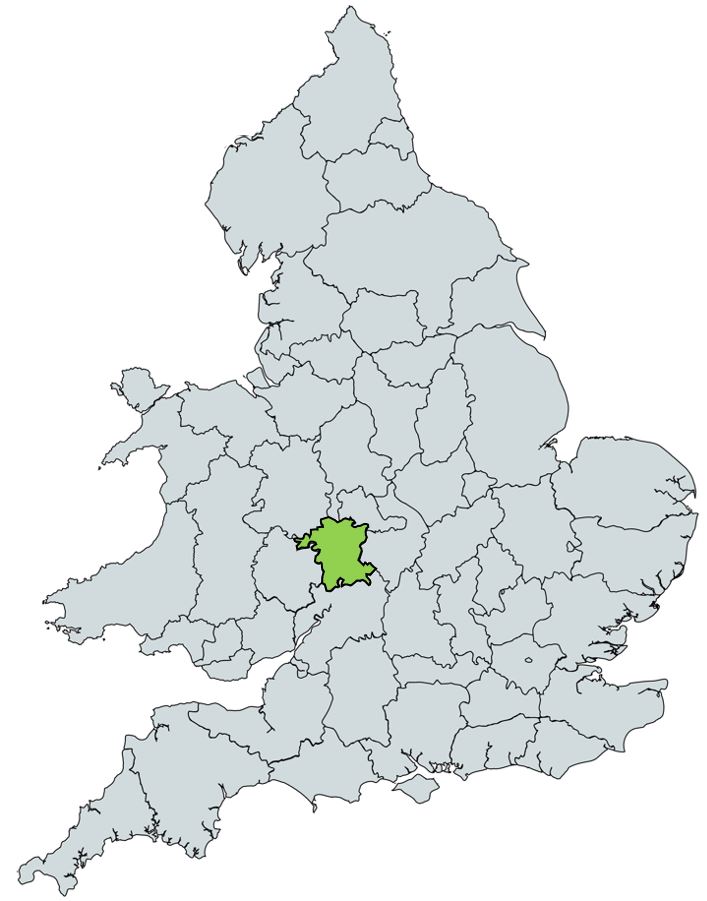 Map of UK with Worcestershireshire highlighted